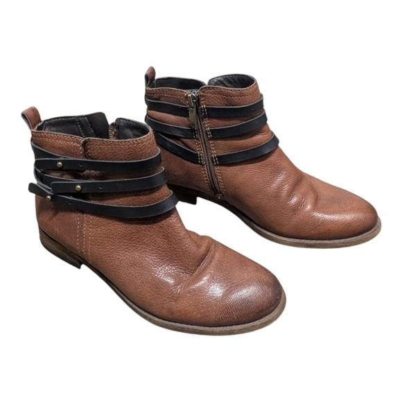 FRANCO SARTO (6.5M) Brown Ankle Biker Boots Flats with Black Straps Buckles - Picture 1 of 8